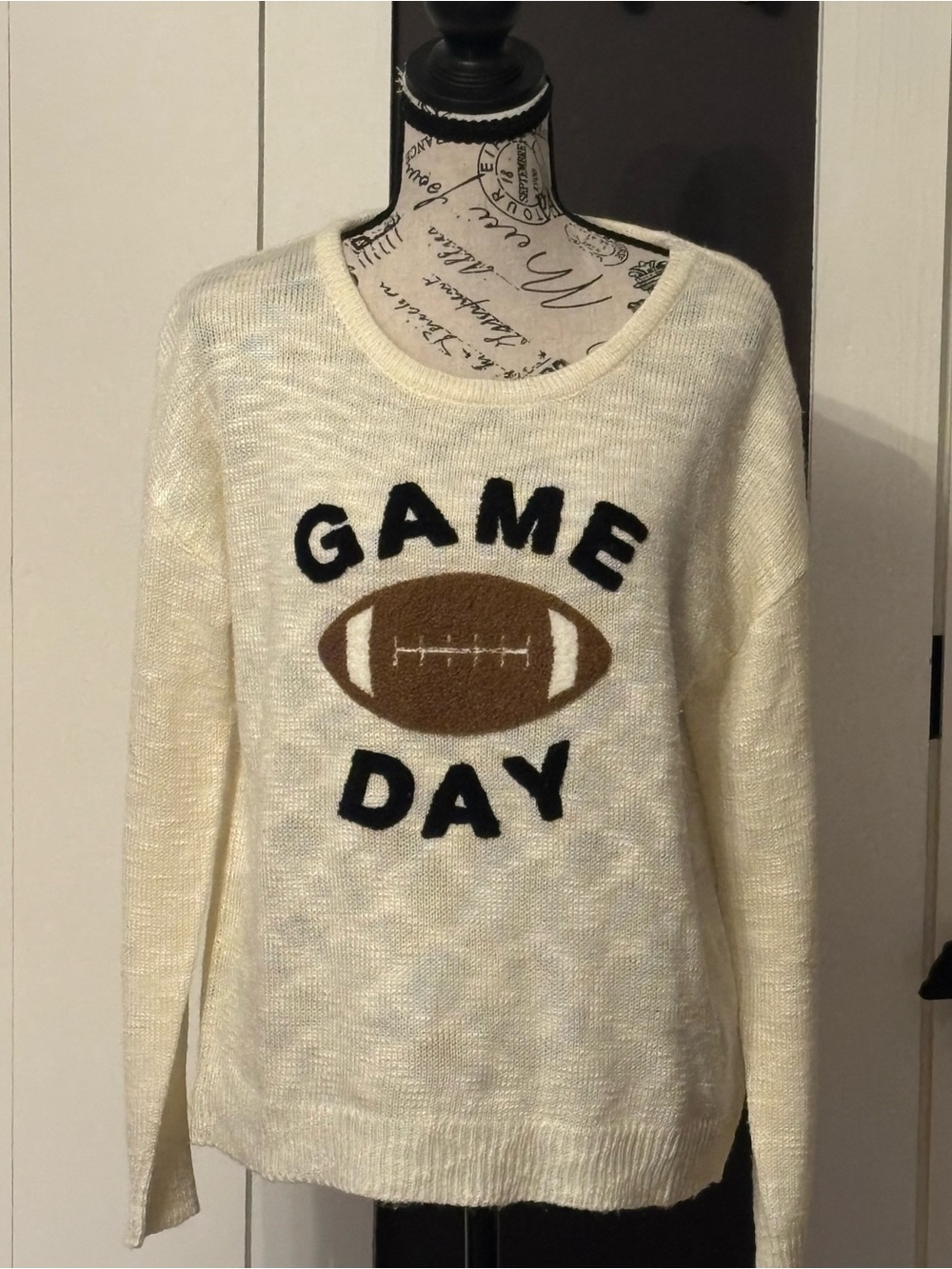 Cream 'Game Day' Crewneck Sweater with Football Motif
